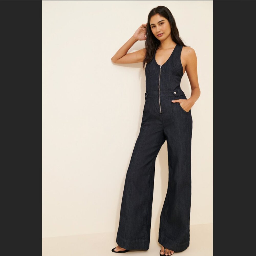 Sleeveless V-Neck Flare Denim Jumpsuit (Maeve by Anthropologie)